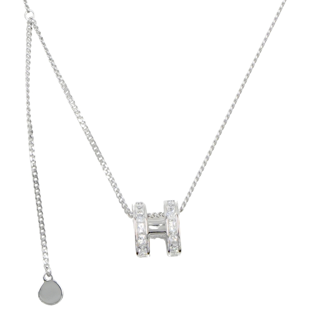 Sterling Silver Necklace with pendant H shape with mother of pearl and zircons – Rhodium Color