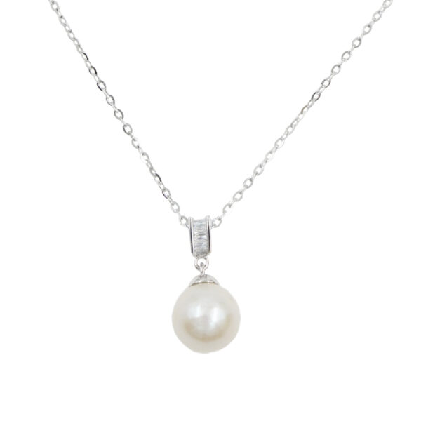 Sterling Silver Necklace with pendant with zircons and pearl – Rhodium Color
