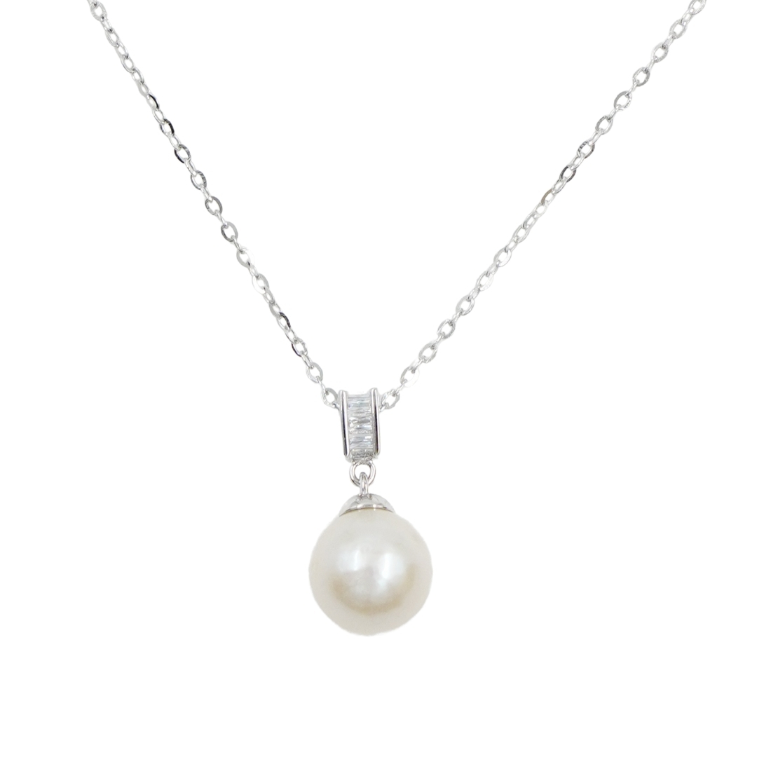 Sterling Silver Necklace with pendant with zircons and pearl – Rhodium Color