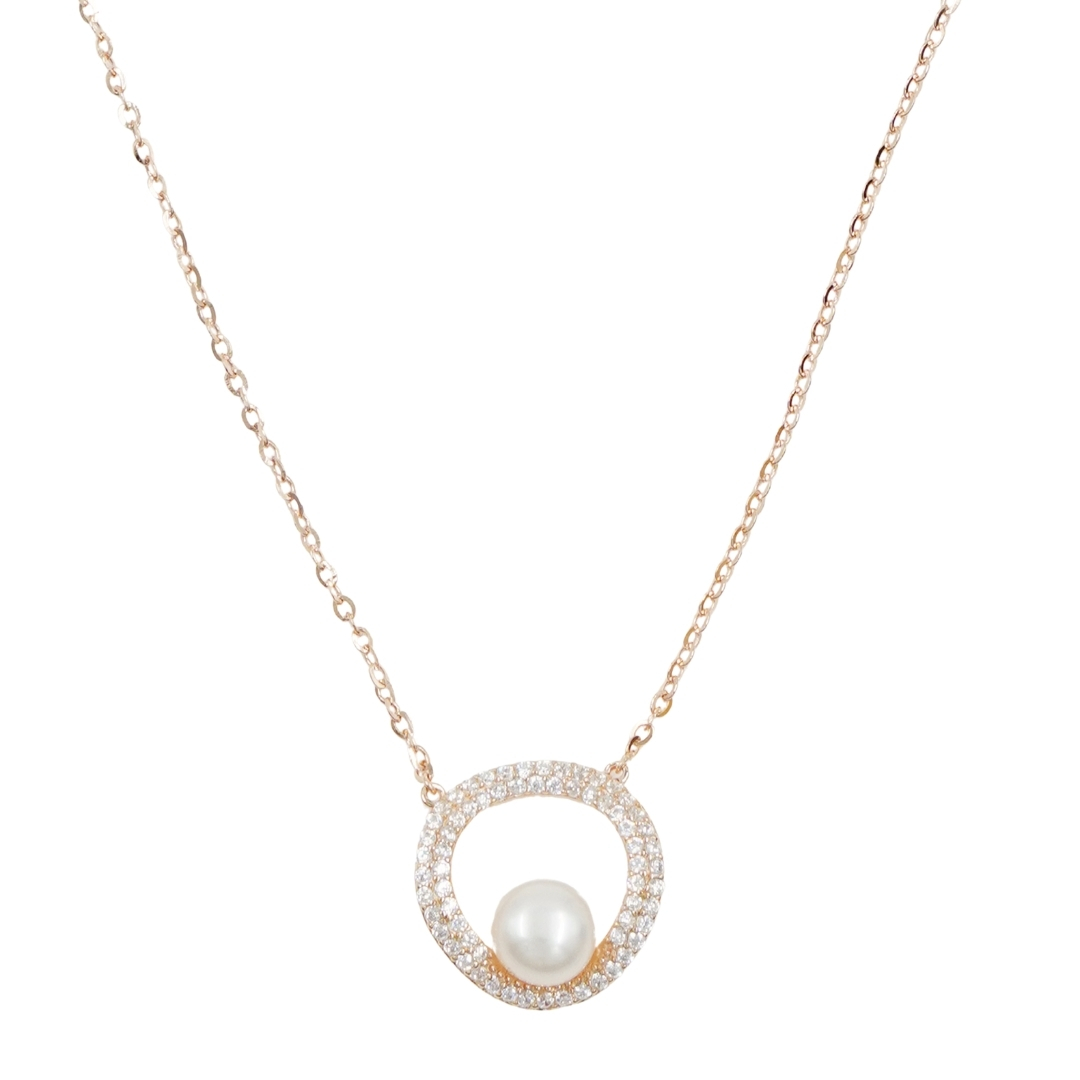 Sterling Silver Necklace with pendant with zircons and pearl – Rose Color