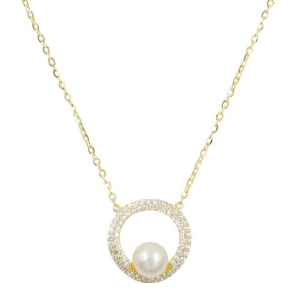 Sterling Silver Necklace with pendant with zircons and pearl – Golden Color