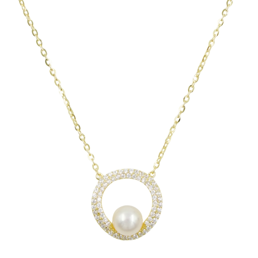 Sterling Silver Necklace with pendant with zircons and pearl – Golden Color