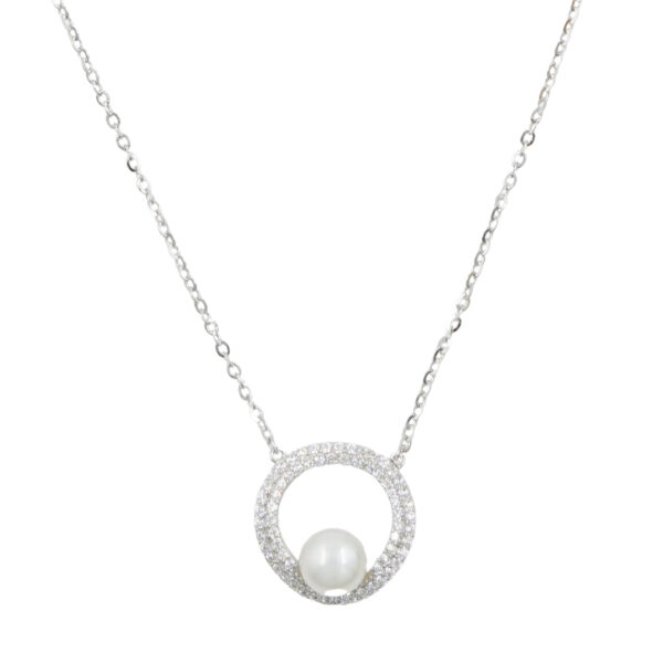 Sterling Silver Necklace with pendant with zircons and pearl – Rhodium Color