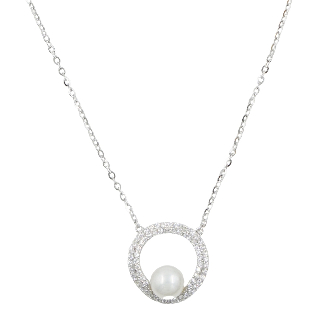 Sterling Silver Necklace with pendant with zircons and pearl – Rhodium Color