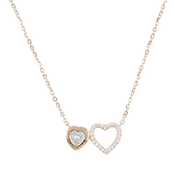 Sterling Silver Necklace with double heart element with zircons – Rose Color