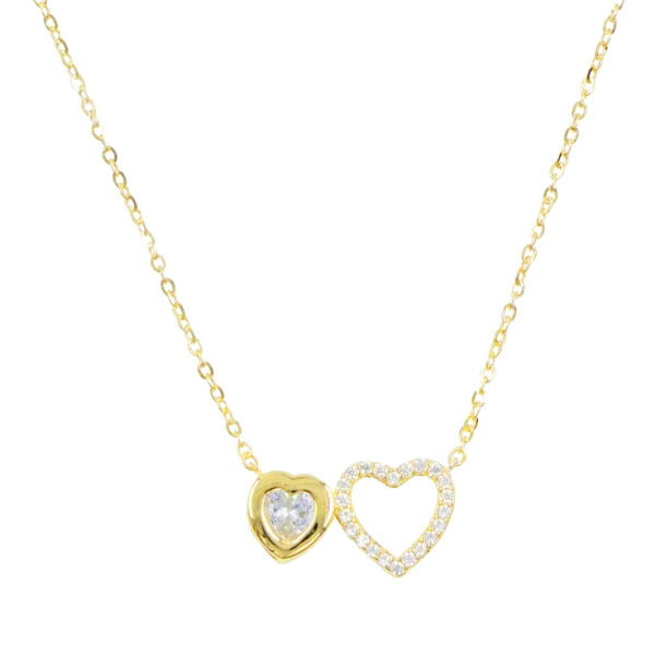 Sterling Silver Necklace with double heart element with zircons – Golden Color