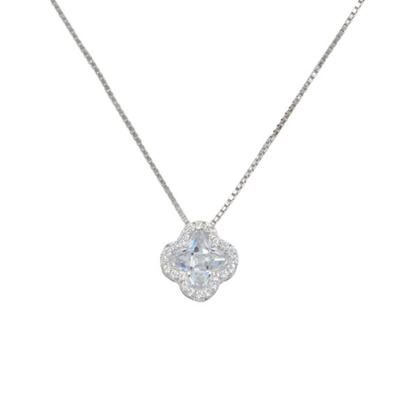 Sterling Silver Necklace with pendant flower shape with zircons – Rhodium Color