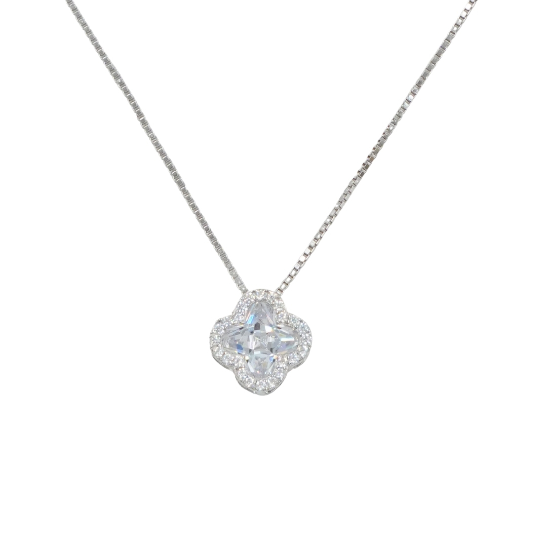 Sterling Silver Necklace with pendant flower shape with zircons – Rhodium Color