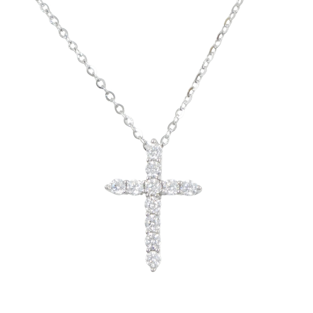Sterling Silver Necklace with pendant cross shape with zircons – Rhodium Color