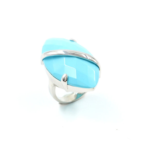 Sterling Silver Ring with faceted navette recon turquoise cabochon – Platinum Color