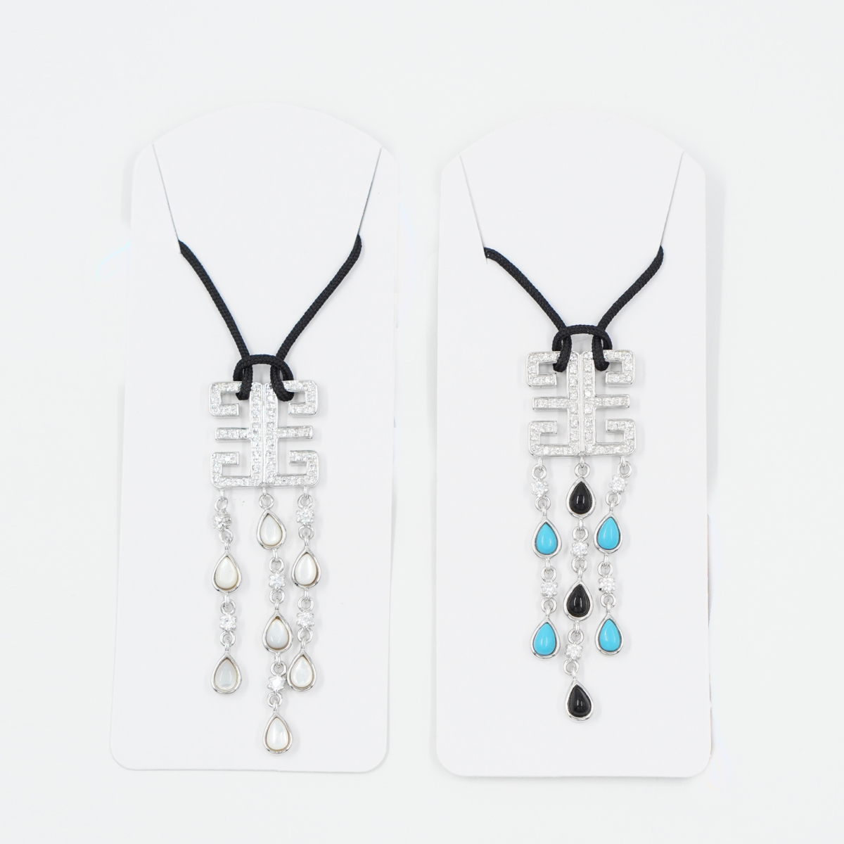 Sterling Silver Pendant with black agate, recon turquoise and red and mother of pearl with lace necklace - Image 2
