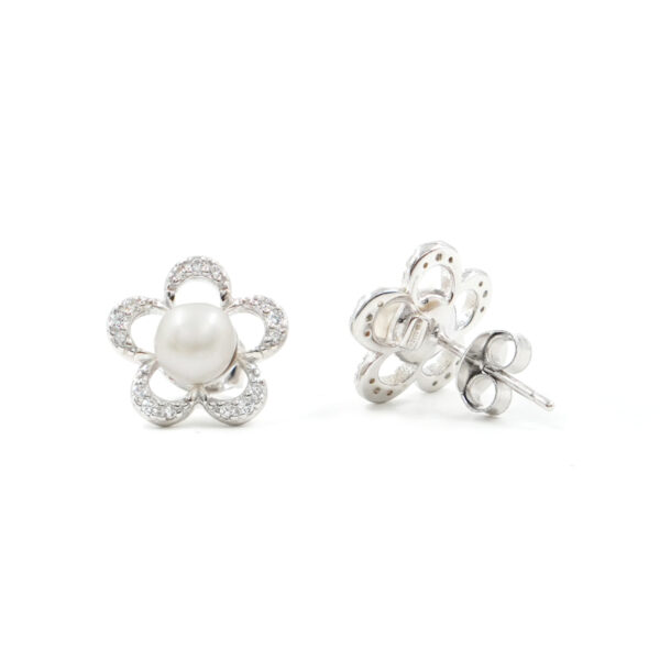 Sterling Silver earrings flower shape with zircons and pearl – Rhodium Color