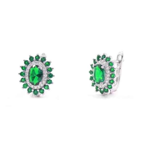 Sterling Siver halo model earrings with white and green zircons – Rhodium Color