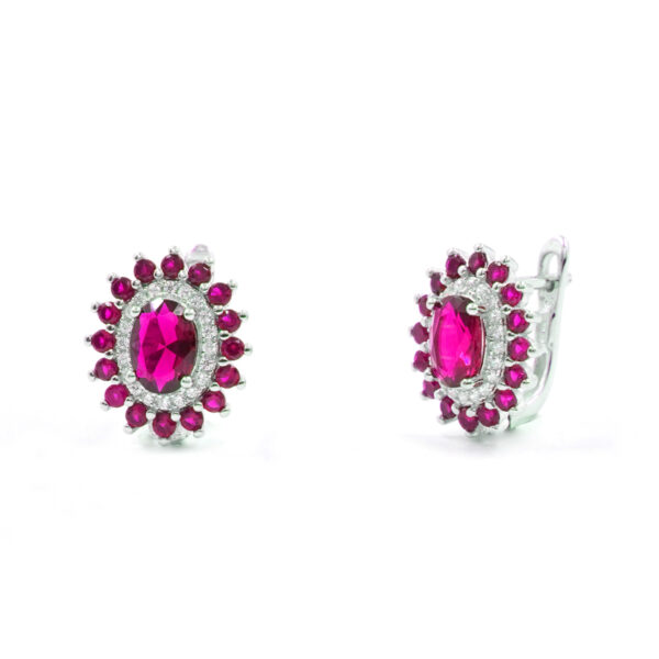 Sterling Siver halo model earrings with white and red zircons – Rhodium Color
