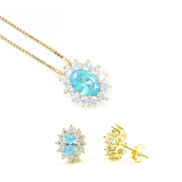 Orecchini e Collana halo in argento con zircone ovale azzurro e giro di zirconi bianchi – Dorato