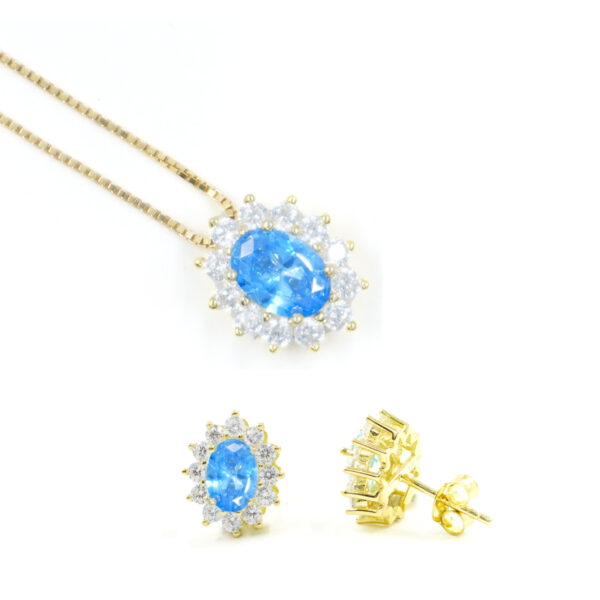 Orecchini e Collana halo in argento con zircone ovale azzurro scuro e giro di zirconi bianchi – Dorato