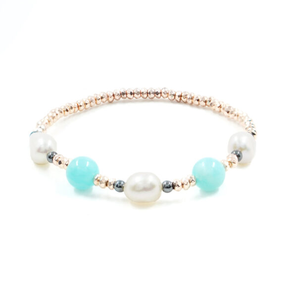 Elastic Bracelet with golden color hematite, amazonite, pearls