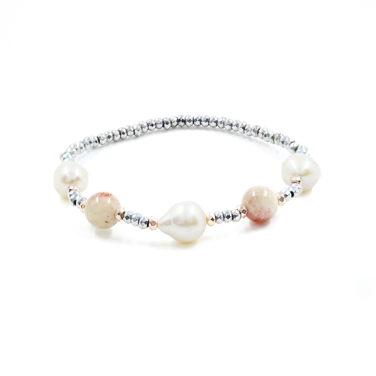 Bracciale Elastico con ematite silver, pietra del sole, perle
