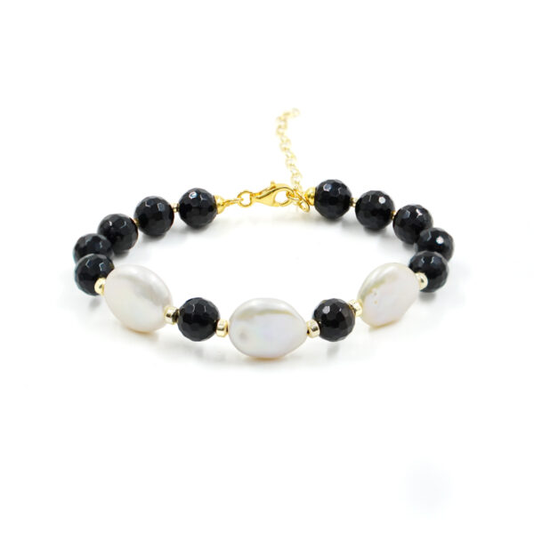 Bracelet with black agate, pearls, hematite, sterling silver clasp – Golden Color