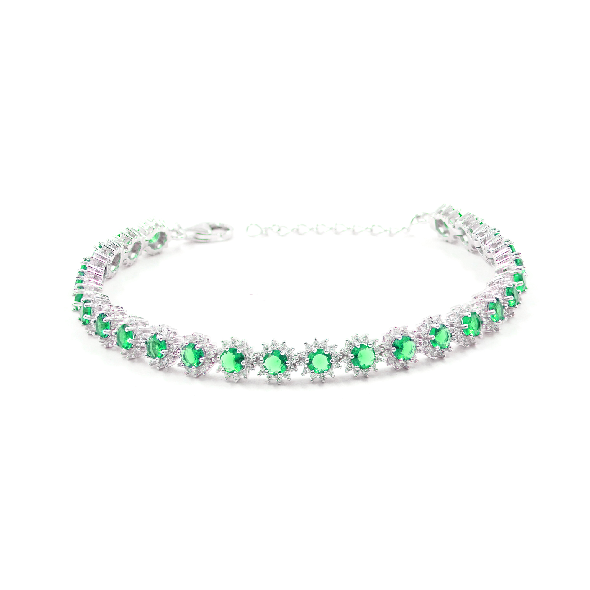 Sterling Silver bracelet with green and white zircons - Rhodium Color – <strong>Length 16cm</strong>