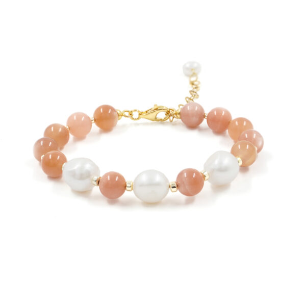 Bracciale con pietra di luna, perle, ematite, chiusura in argento – Dorato
