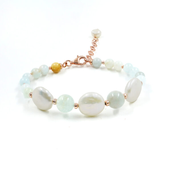 Bracciale con acquamarina, perle, ematite, chiusura in argento – Rosè