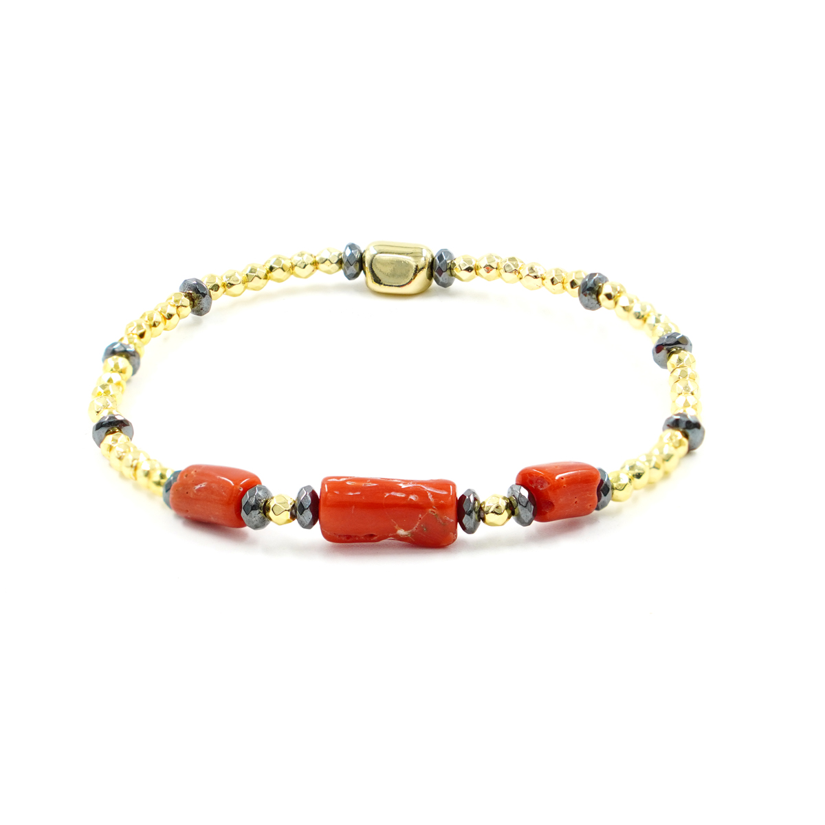 Bracciale Elastico con ematite dorata, corallo