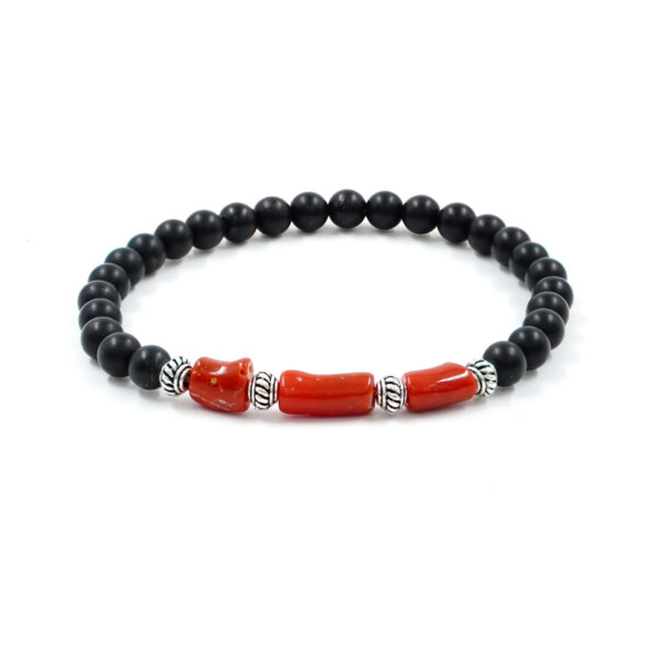 Elastic Bracelet with black agate, coral, sterling silver element