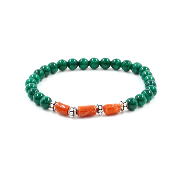 Elastic Bracelet with malachite, coral, sterling silver element