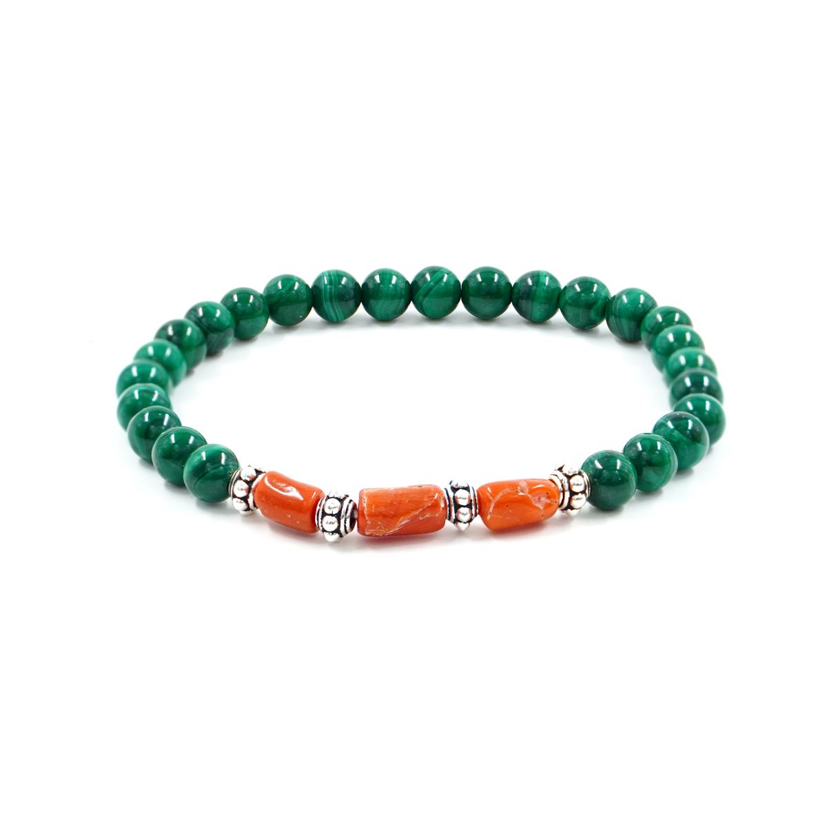 Elastic Bracelet with malachite, coral, sterling silver element