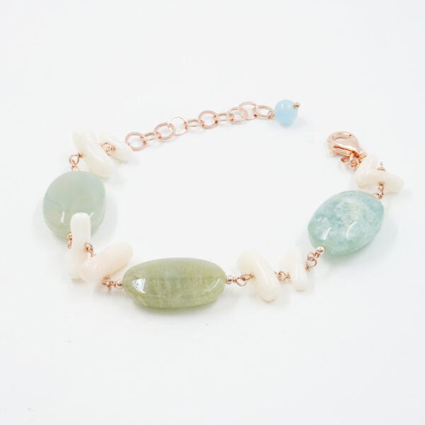 Bracciale ammagliato con aquamarine, pink coral, sterling silver clasp - Rose Color