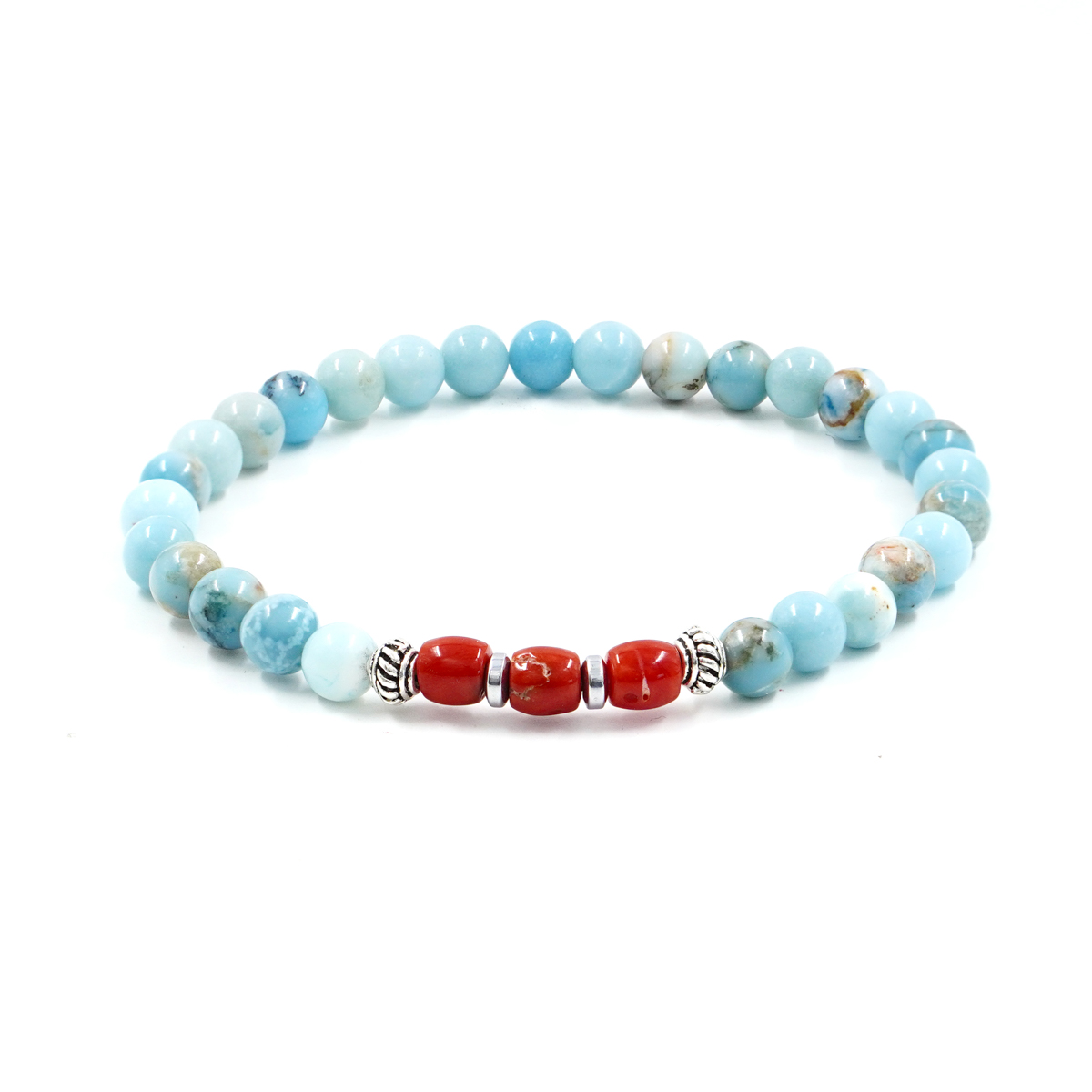 Elastic Bracelet with larimar, coral, sterling silver element