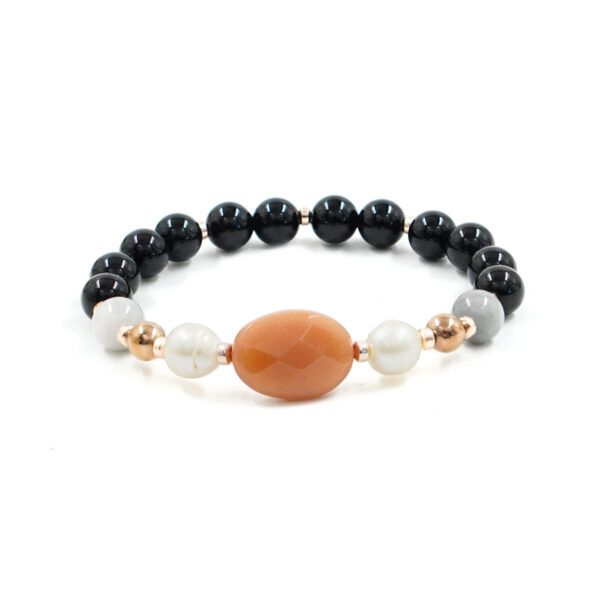 Elastic Bracelet with black agate, moonstone, pearl, hematite