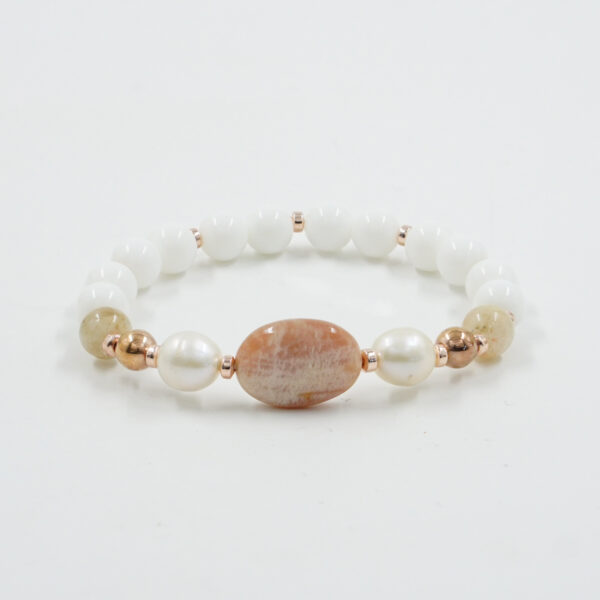 Elastic Bracelet with white agate, moonstone, pearl, hematite