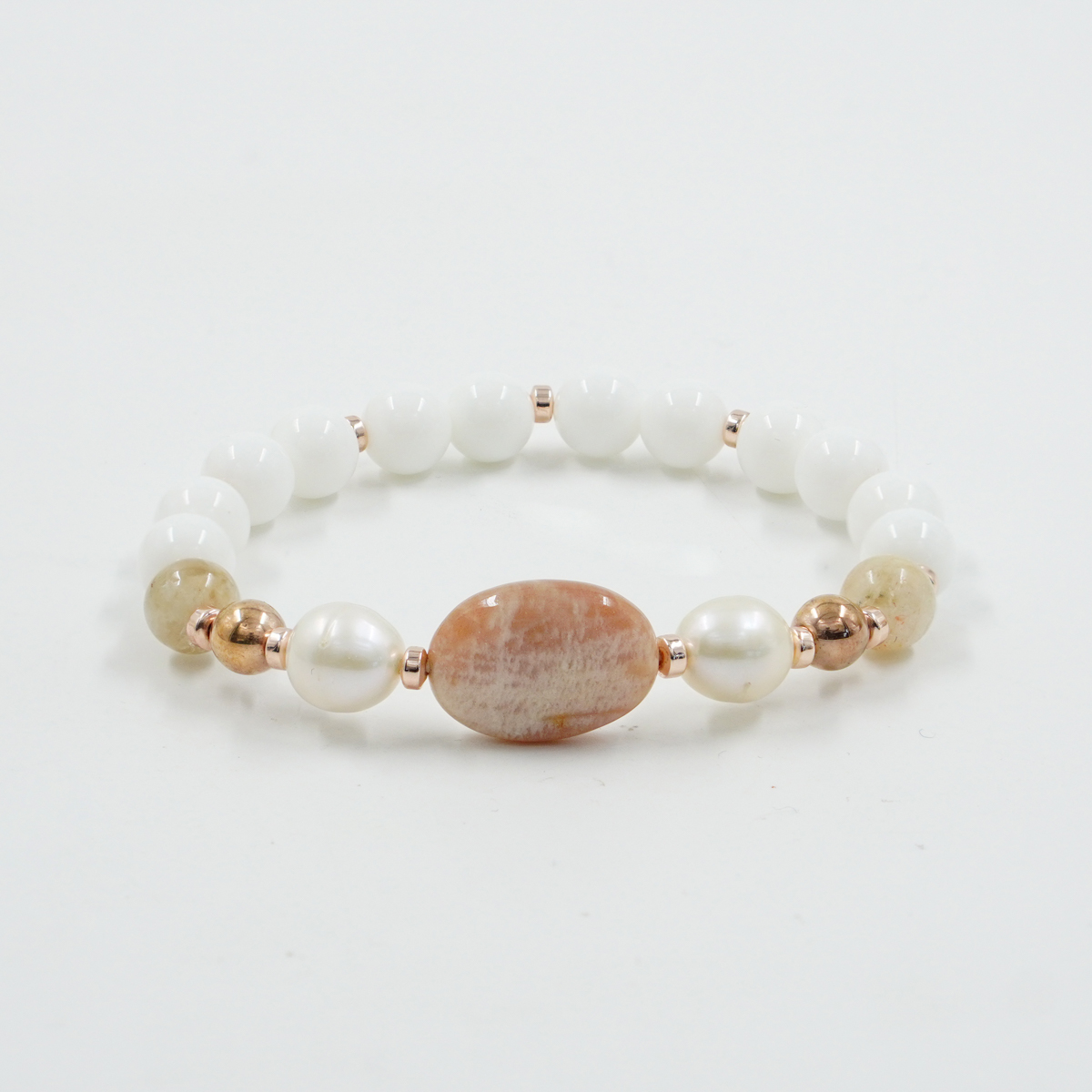 Bracciale Elastico con agata bianca, pietra di Luna, perla, ematite