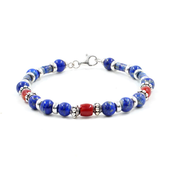 Bracelet with lapis lazuli, coral, sterling silver clasp - Rhodium Color