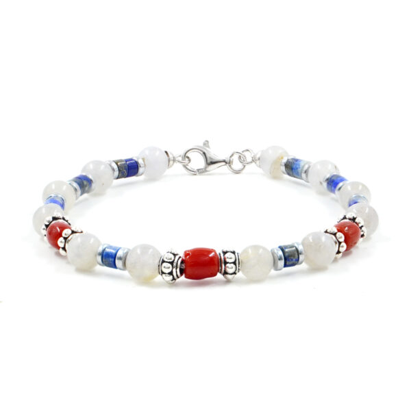 Bracelet with iolite, lapis lazuli, coral, sterling silver clasp – Rhodium Color