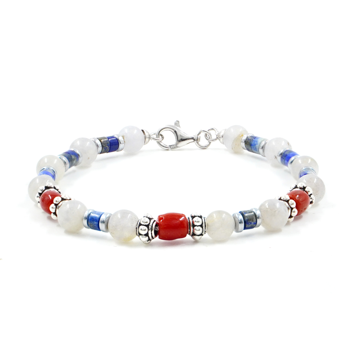 Bracciale con iolite, lapis, corallo, chiusura in argento – Rodiato