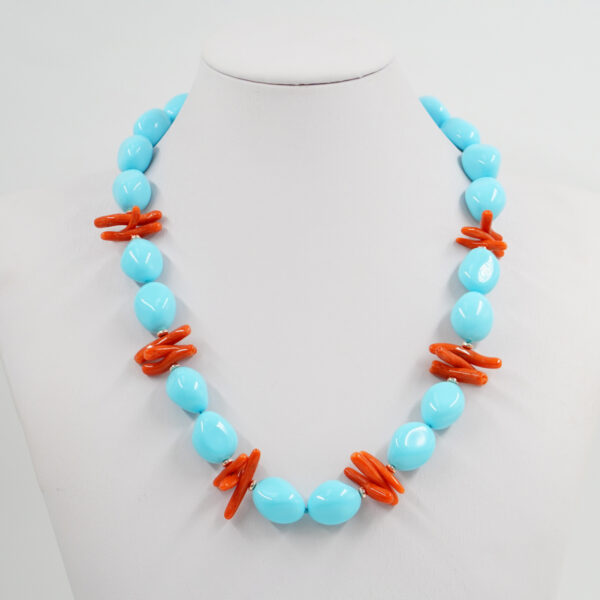 Necklace with recon turquoise tumble shape, coral, hematite, sterling silver clasp – Rose Color