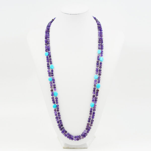 Multistrands Necklace with amethyst, turquoise, hematite, sterling silver clasp – Rhodium Color