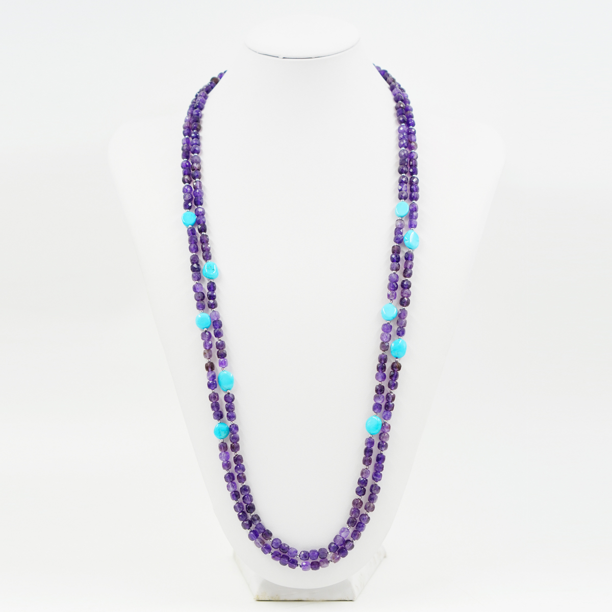 Collana Multifilo con ametista, turchese, ematite, chiusura in argento – Rodiato