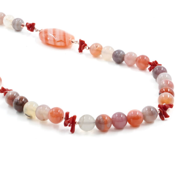 Necklace with red Botswana agate, coral, hematite, sterling silver clasp – Rose Color