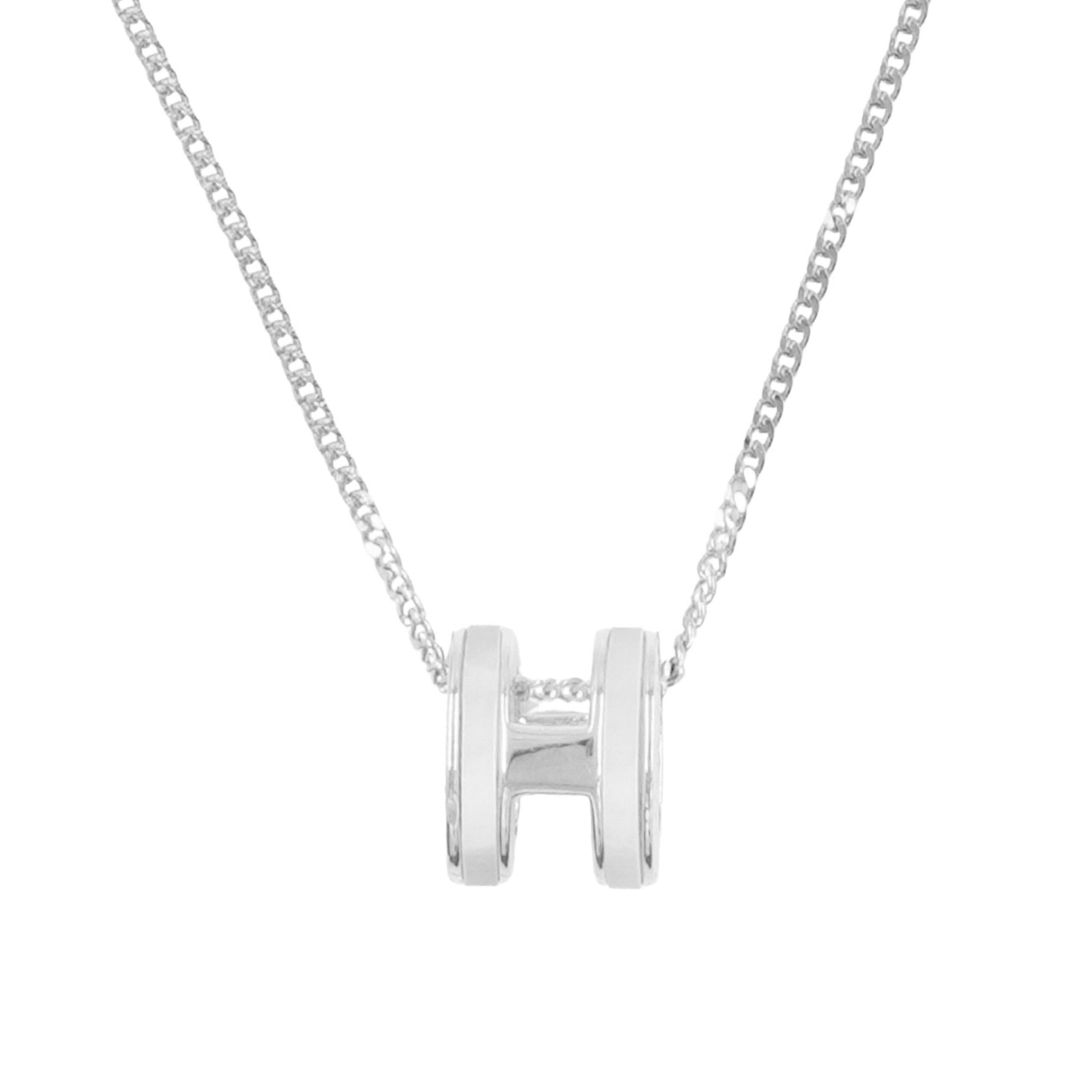 Sterling Silver Necklace with pendant H shape with mother of pearl and zircons – Rhodium Color - Image 2