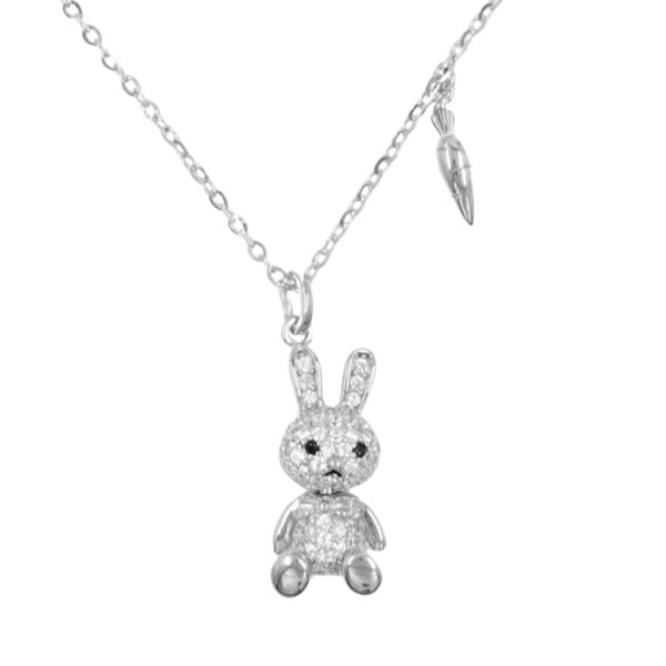 Sterling Silver Necklace with pendant rabbit shape with zircons and carrot – Rhodium Color