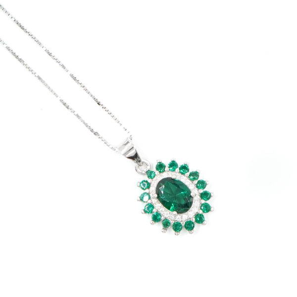 Sterling Siver halo model nacklace with white and green zircons – Rhodium Color