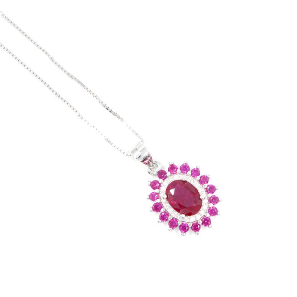 Sterling Siver halo model nacklace with white and red zircons – Rhodium Color