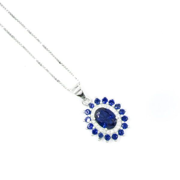 Sterling Siver halo model nacklace with white and blue zircons – Rhodium Color
