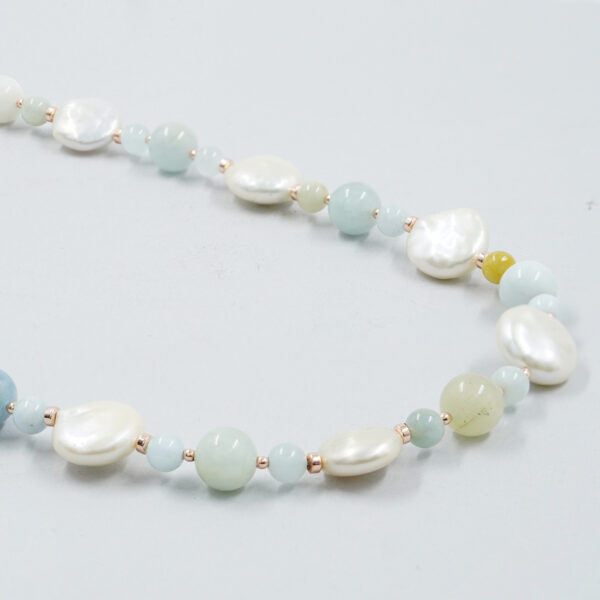 Necklace with aquamarine, pearls, hematite, sterling silver clasp – Rose Color