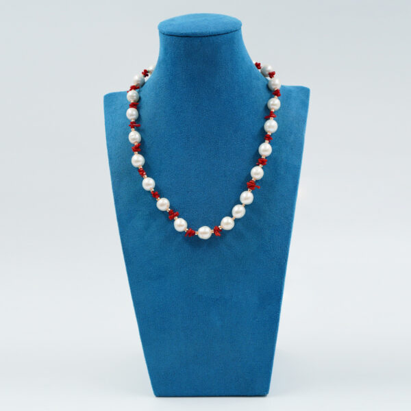 Necklace with Edison pearl, coral, hematite, sterling silver clasp – Rose Color