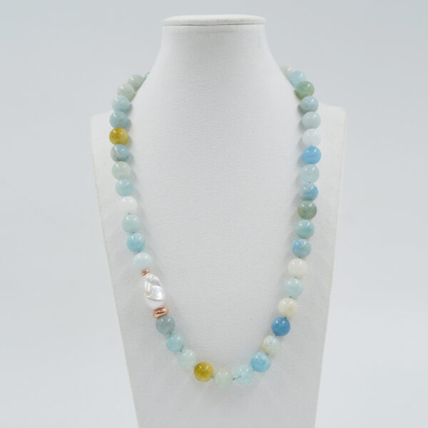 Necklace with aquamarine, baroque pearl, sterling silver clasp - Rose Color